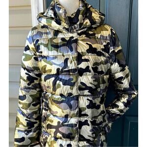 Betsey Johnson Sz S Metallic Gold Camouflage Puffer Coat w Hood Y2K Drama Indie